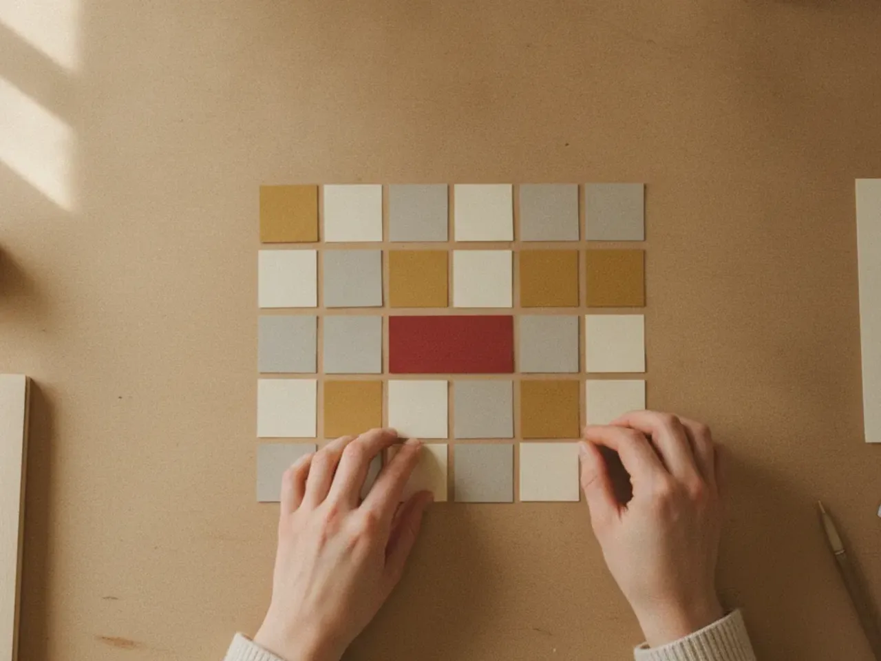 Hands carefully arrange beige and cream paper rectangles into a grid on a warm worktable, with one cinnabar red accent piece.
